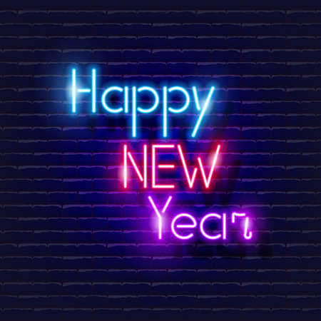 Happy new year text neon sign. Glowing signboard icon Happy New Year. New Year and Christmas concept. Vector illustration for designのイラスト素材