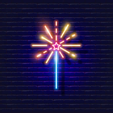 Bengal light neon sign. Glowing Sparkler icon. Fairy wand symbol. New Year and Christmas concept. Vector illustration for designのイラスト素材