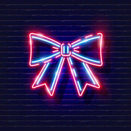 Christmas bow Neon sign. Ribbon bow glowing icon. New Year and Christmas concept. Vector illustration for designのイラスト素材