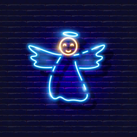 Christmas Angel Neon Sign. Angel glowing icon. New Year and Christmas concept. Vector illustration for designのイラスト素材