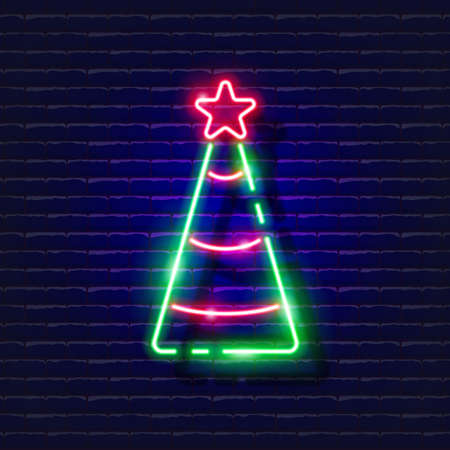 New Year fir tree neon sign. Glowing Christmas tree icon. New Year and Christmas concept. Vector illustration for designのイラスト素材