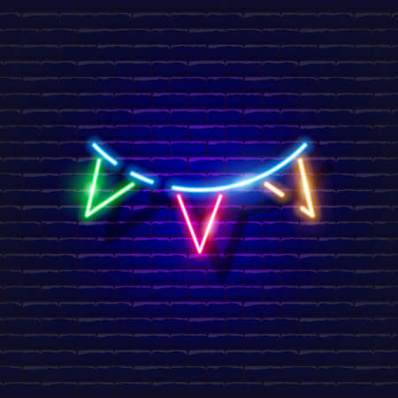 Festive flags neon sign. Glowing garland icon. New Year and Christmas concept. Vector illustration for designのイラスト素材
