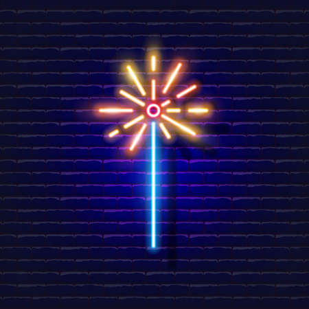 Bengal light neon sign. Glowing Sparkler icon. Fairy wand symbol. New Year and Christmas concept. Vector illustration for designのイラスト素材