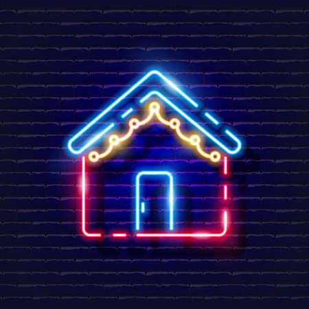 Christmas decoration home neon sign. House with garlands glowing icon. New Year and Christmas concept. Vector illustration for designのイラスト素材
