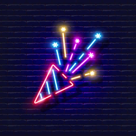 Clapperboard with Confetti neon sign. Fireworks Glowing icon. New Year and Christmas concept. Vector illustration for designのイラスト素材