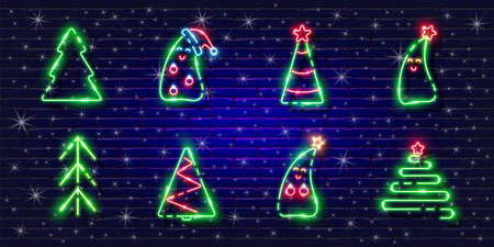 New Year fir tree neon signs set. Glowing Christmas tree icon. New Year and Christmas concept. Vector illustration for design.の写真素材