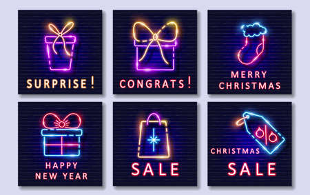 Gift card with neon signs set. New Year and Christmas concept.の写真素材