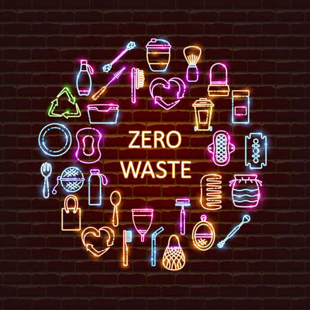 Zero waste neon icon set. Ecology protection concept.の写真素材