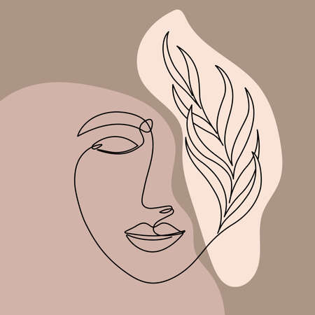 Poster line woman face with leaf. One-line drawing style. Vector illustration for design clothes, card, notepad, posterのイラスト素材