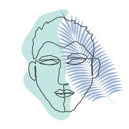Poster line man face with leaf. One-line drawing style. Vector illustration for design clothes, card, notepad, posterのイラスト素材