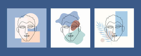Poster line man face with leaf set. One-line drawing style. Vector illustration for design clothes, card, notepad, posterのイラスト素材
