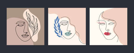 Poster line woman face with leaf set. One-line drawing style. Vector illustration for design clothes, card, notepad, posterのイラスト素材