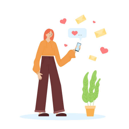 Girl with a mobile phone. Vector illustration in a flat style. Character for designのイラスト素材