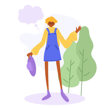 African American girl with a hat in her hand. Vector illustration in a flat style. Character for designのイラスト素材