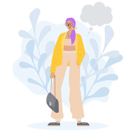 Girl with a handbag in her hand. Vector illustration in a flat style. Character for designのイラスト素材