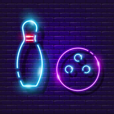 Bowling pin and ball neon icon. Vector illustration for design. Glowing game sign. Sports concept. Bowling club signのイラスト素材