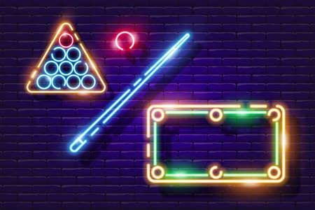 Billiard ball, cue and table neon icon. Vector illustration for design. Sports concept. Signboard for pool clubのイラスト素材