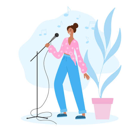 The girl sings in a music studio. Vector illustration of a karaoke bar in a flat style. Character for designのイラスト素材