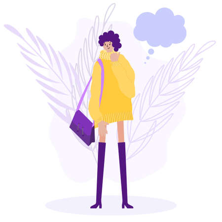 Girl with a handbag in her hand. Vector illustration in a flat style. Character for designのイラスト素材