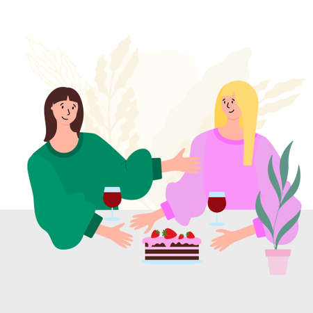 The girls sit at the table and drink wine. Vector illustration of a bachelorette party in a flat style. Character for designのイラスト素材