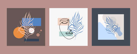 Poster line woman face with leaf set. One-line drawing style. Vector illustration for design clothes, card, notepad, posterのイラスト素材