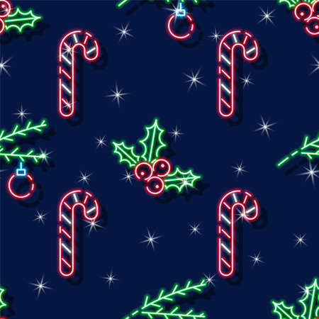 Candy cane and Holly berry neon seamless pattern. Glowing candy background. New Year and Christmas concept. Vector illustration for design.の写真素材