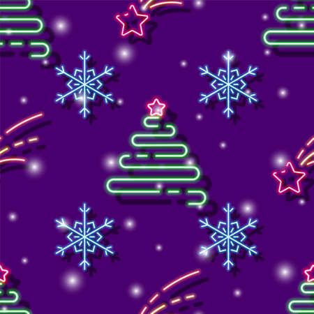Christmas tree with snowflakes neon seamless pattern. Vector background for design, cards, fabrics, invitations, advertising, website, store, signboards. New Year and Christmas conceptのイラスト素材