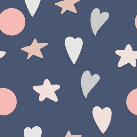 Cute hearts and stars seamless pattern. Delicate background in the Scandinavian style. Vector illustration for design, postcards, baby clothes, gift paper, fabricのイラスト素材