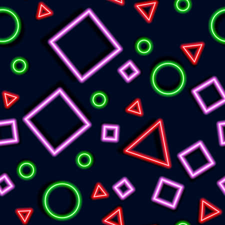 Abstract neon seamless pattern from triangles, squares and circles. Glowing geometric figures backgroundのイラスト素材