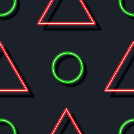 Abstract neon seamless pattern from triangles and circles. Red and green glowing geometric figures backgroundのイラスト素材
