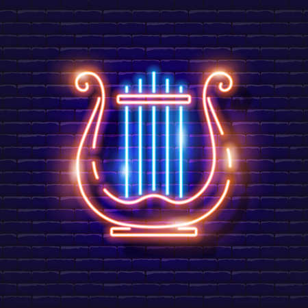 Lyre neon icon. Harp glowing sign. Musical instrument concept. Vector illustration for Sound...