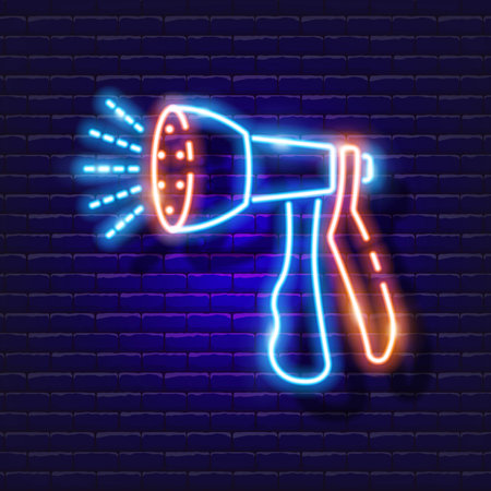 Spray gun neon icon. Irrigation system, watering system, hose and accessories glowing signs. Vector illustration for design, website, advertising, store, goodsのイラスト素材