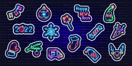 New year stickers neon set. Glowing icons. New Year and Christmas concept. Vector illustration for design.の写真素材
