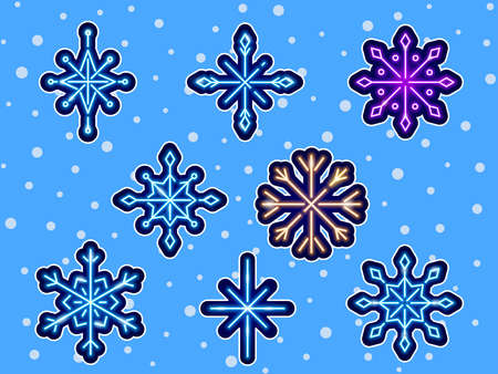 Snowflake neon stickers set. Glowing Christmas snowflake icon. New Year and Christmas concept. Vector illustration for designのイラスト素材