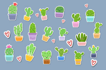 Set of Cute cactus flat stickers. Vector illustration Houseplant succulent. Funny cacti with faces in pots for design, cards, stickersのイラスト素材