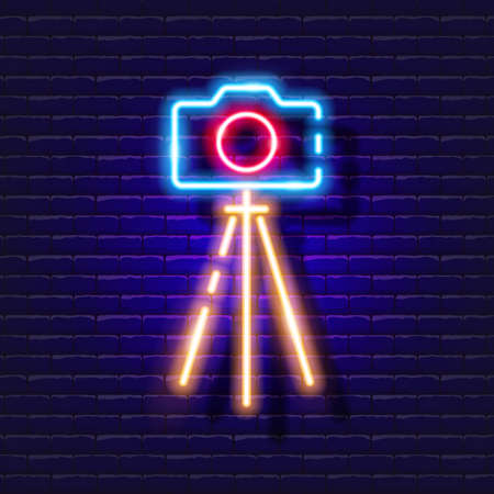 Tripod camera neon icon. Photo and video concept. Vector illustration of a sign for design, website, decoration, online storeのイラスト素材