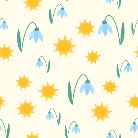 Flower snowdrop and sun cute seamless pattern. Vector illustration for fabric design, gift paper, baby clothes, textiles, cards.のイラスト素材