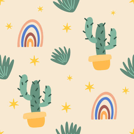 Cactus, rainbow and leaf seamless pattern. Scandinavian style background. Vector illustration for fabric design, gift paper, baby clothes, textiles, cards.のイラスト素材