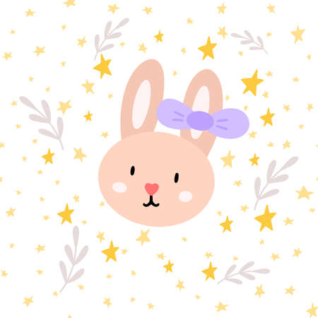 Bunny, leaf and star cute seamless pattern in scandinavian style. Happy Easter background. Vector illustration for the design of fabric, gift paper, children s clothing, textiles, cards.のイラスト素材