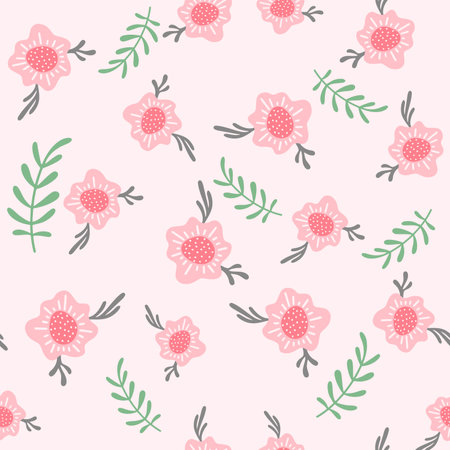 Flowers and leaf seamless pattern. Scandinavian style background. Vector illustration for fabric design, gift paper, baby clothes, textiles, cards.のイラスト素材