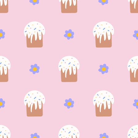 Easter cake and flower cute seamless pattern. Happy Easter concept. Vector illustration for fabric...