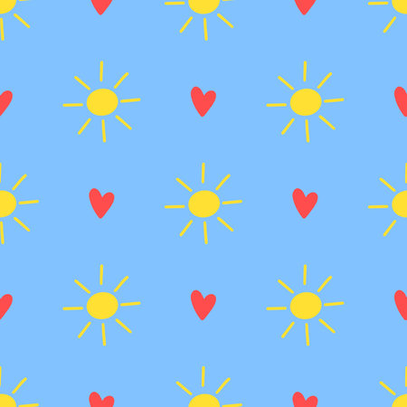 Sun and heart seamless pattern with colors of Ukrainian flag. Summer concept. Vector illustration for fabric design, gift paper, baby clothes, textiles, cards.のイラスト素材