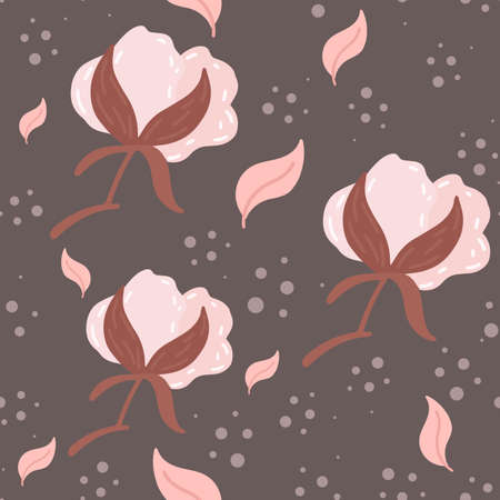 Cotton Flowers and leaf seamless pattern. Scandinavian style background. Vector illustration for fabric design, gift paper, baby clothes, textiles, cardsのイラスト素材