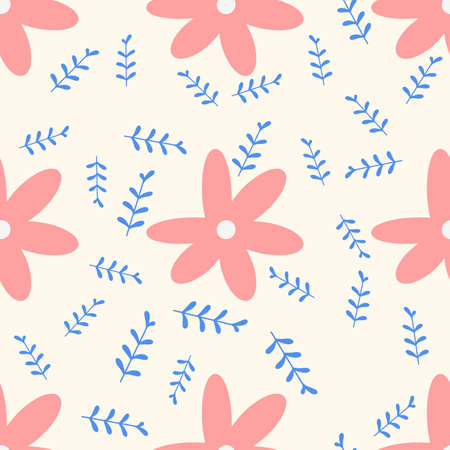 Flowers and leaf seamless pattern. Scandinavian style background. Vector illustration for fabric design, gift paper, baby clothes, textiles, cardsのイラスト素材