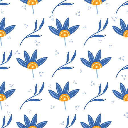 Flowers and leaf seamless pattern. Scandinavian style background. Vector illustration for fabric design, gift paper, baby clothes, textiles, cardsのイラスト素材