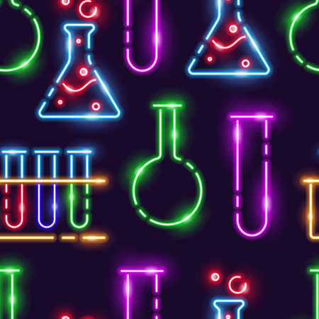 Test tubes neon seamless pattern. Vector Background with laboratory signsの写真素材
