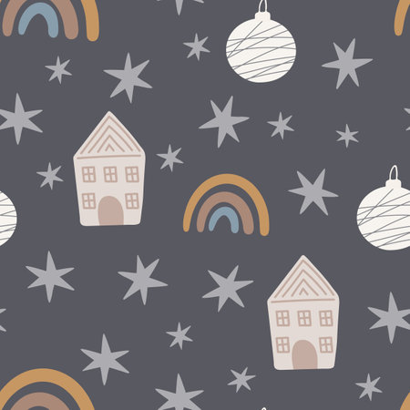 Christmas tree and snowflake seamless pattern. New Year Vector illustration in Scandinavian style.のイラスト素材