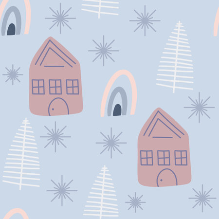 Christmas tree and snowflake seamless pattern. New Year Vector illustration in Scandinavian style.のイラスト素材