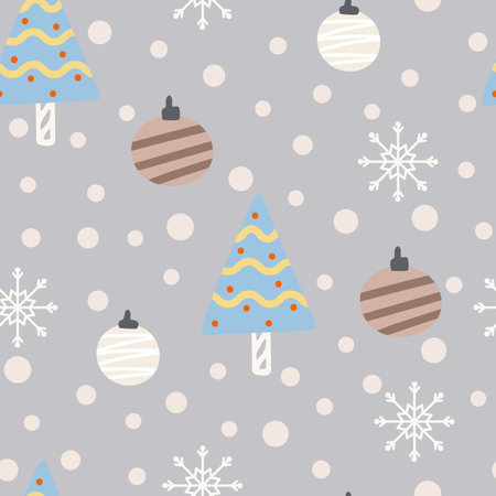 Christmas tree and snowflake seamless pattern. New Year Vector illustration in Scandinavian style