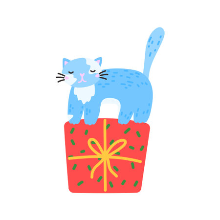 Vector illustration of a cute cat with a gift box. Ideal for Christmas, birthday, or New Year designs.のイラスト素材